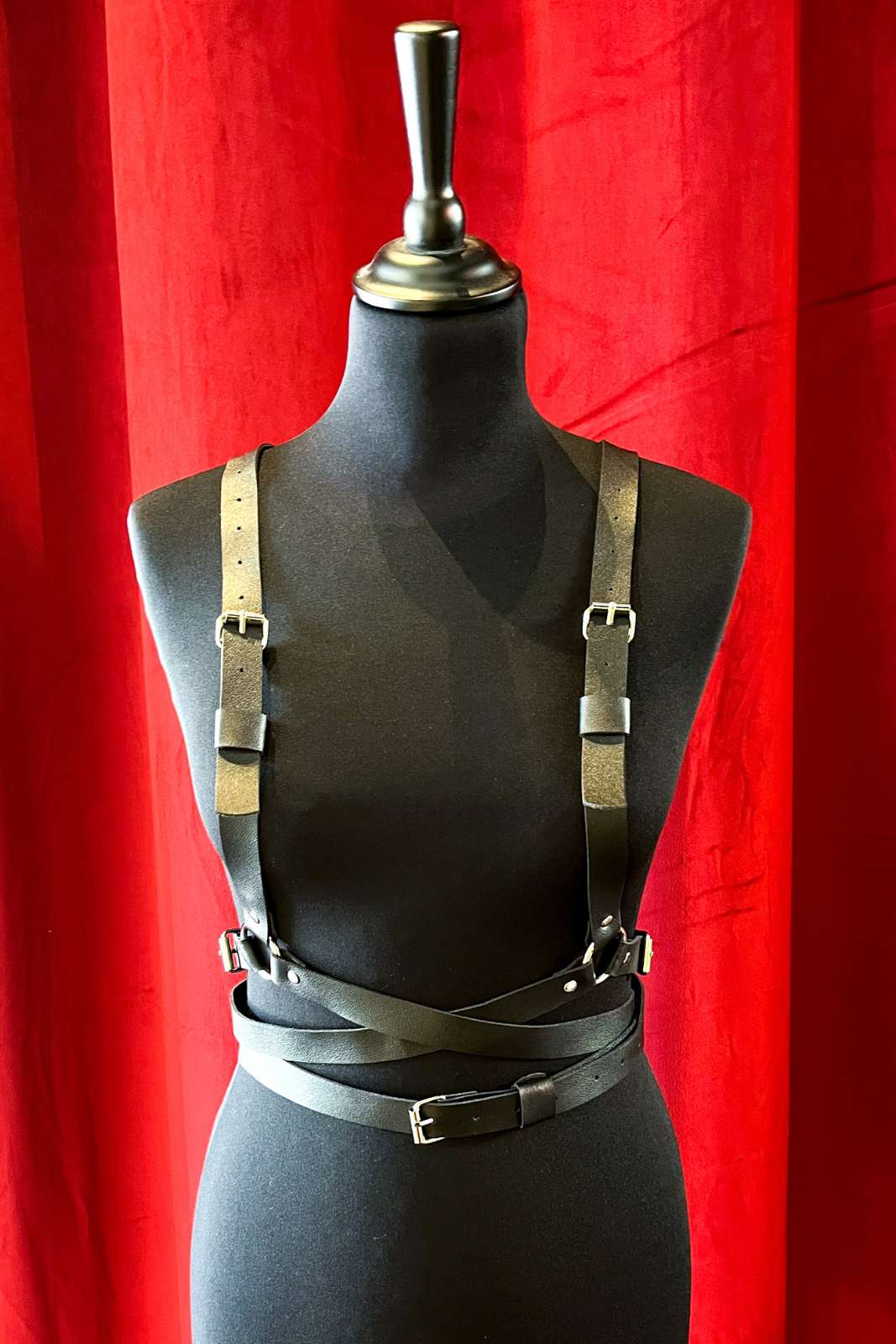 Black faux leather harness belt