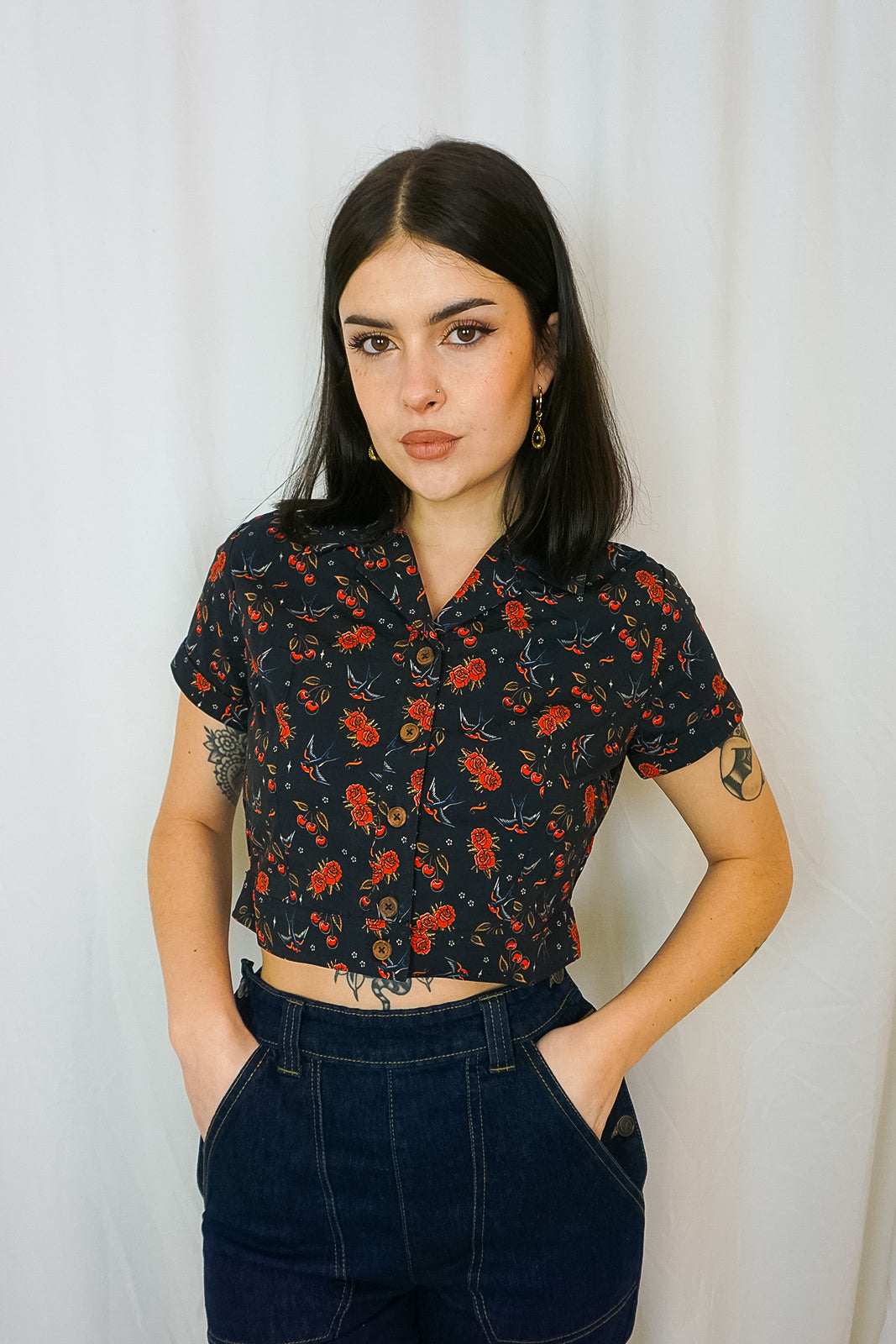 Cherries & Roses Blouse Black