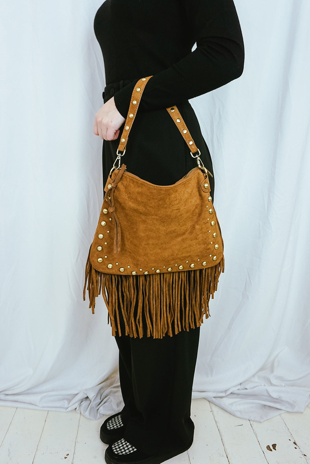 Fringed & Studded Shoulder Bag Brown