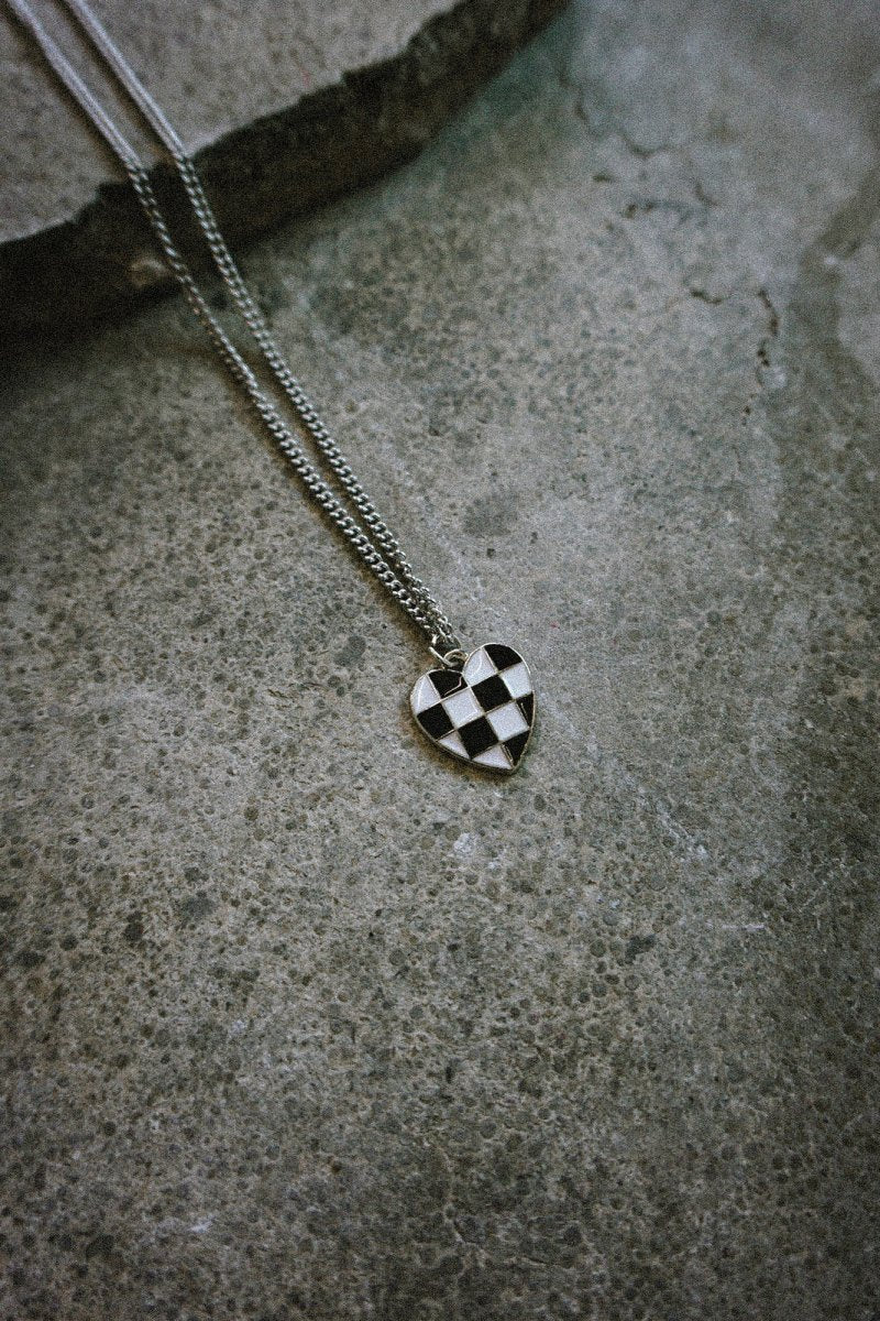 Checked Heart Necklace Silver - Necklace - House of Bones Jewelry