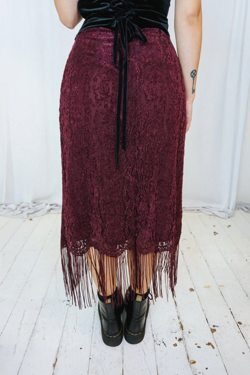 Lemora Fringed Lace Skirt Burgundy - Skirts - HOB