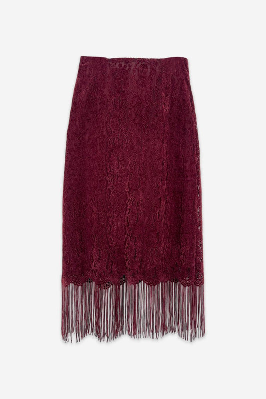 Lemora Fringed Lace Skirt Burgundy - Skirts - HOB