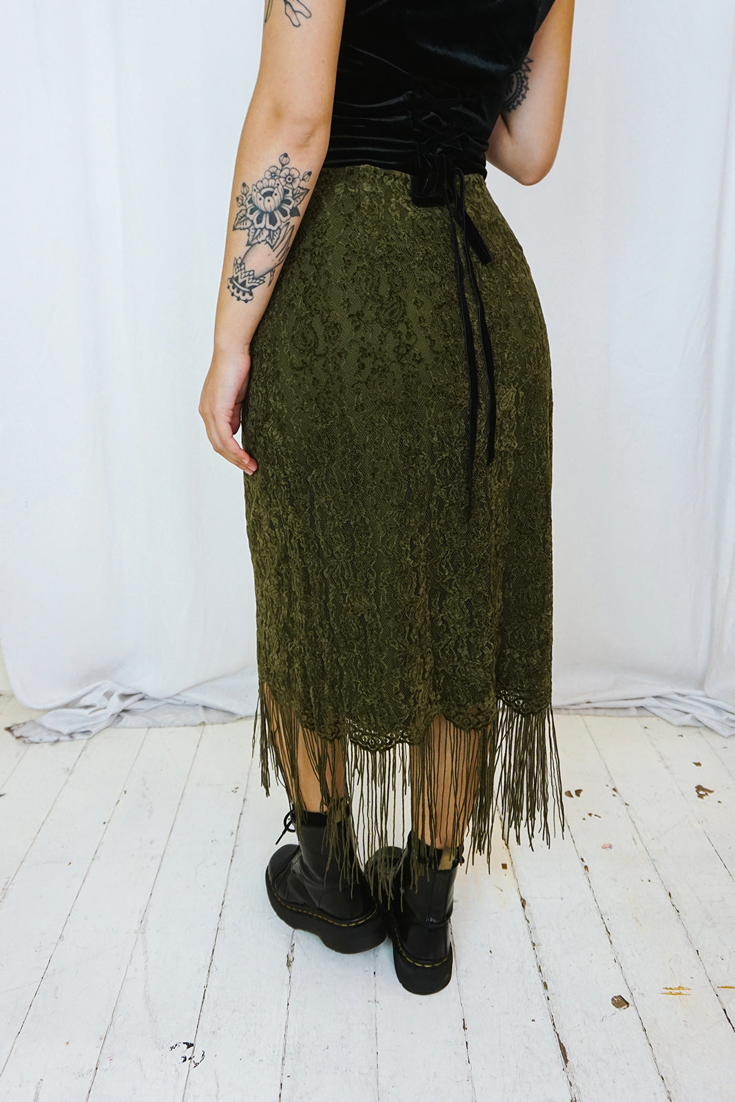 Lemora Fringed Lace Skirt Olive