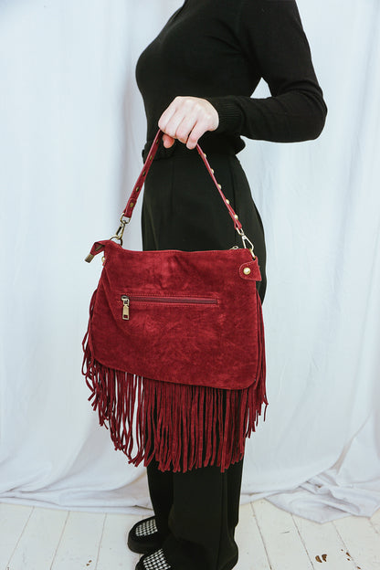 Fringed & Studded Shoulder Bag Burgundy