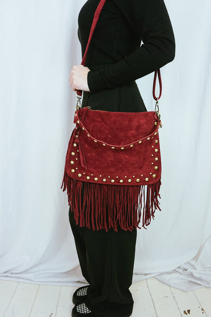 Fringed & Studded Shoulder Bag Burgundy