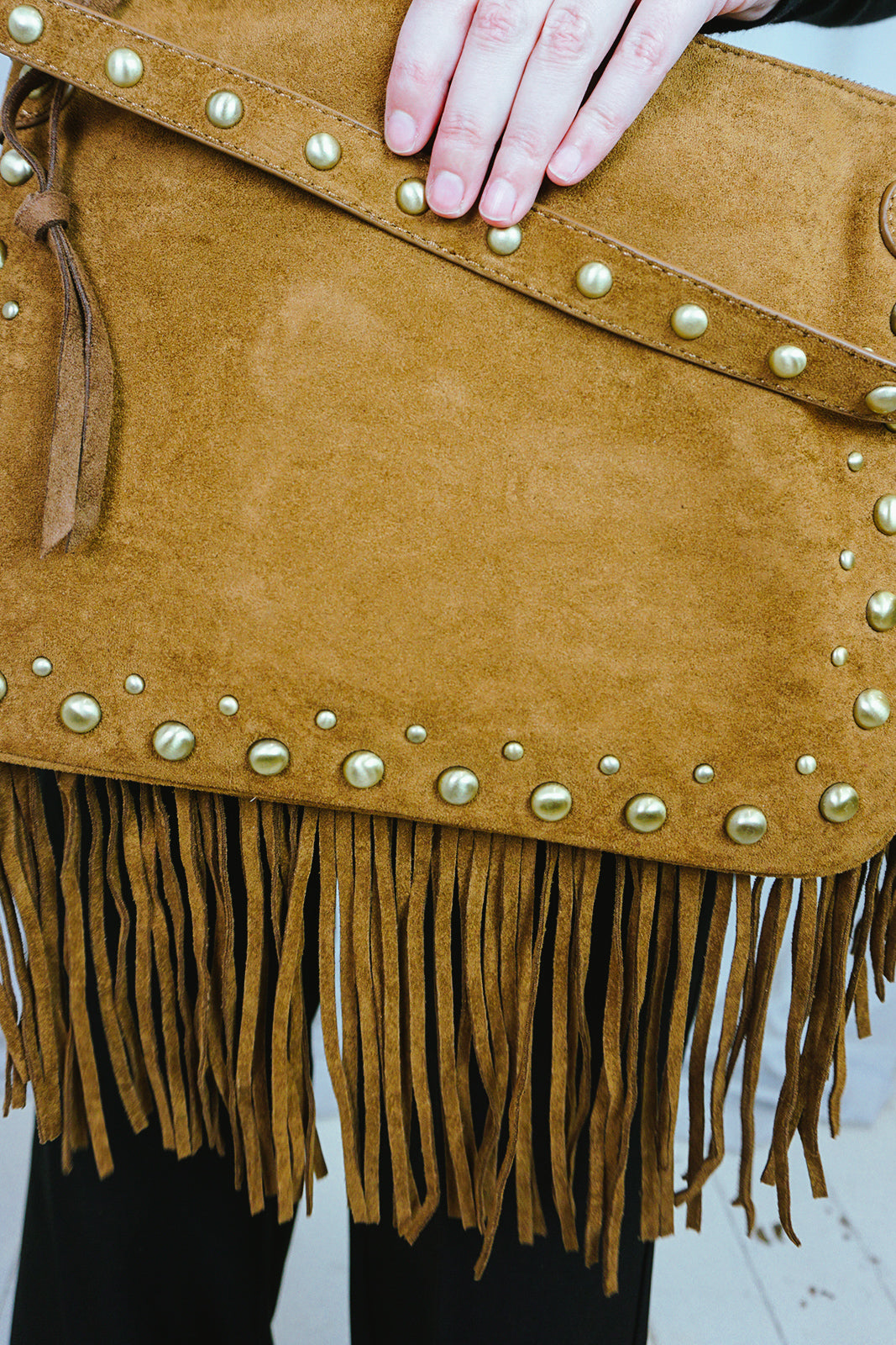 Fringed & Studded Shoulder Bag Brown