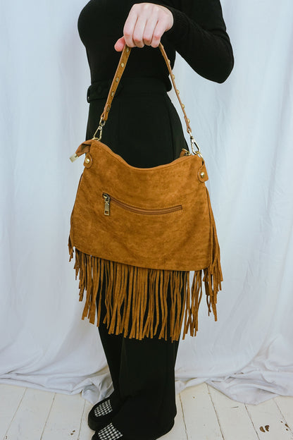 Fringed & Studded Shoulder Bag Brown