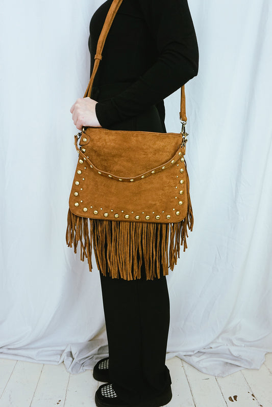 Fringed & Studded Shoulder Bag Brown
