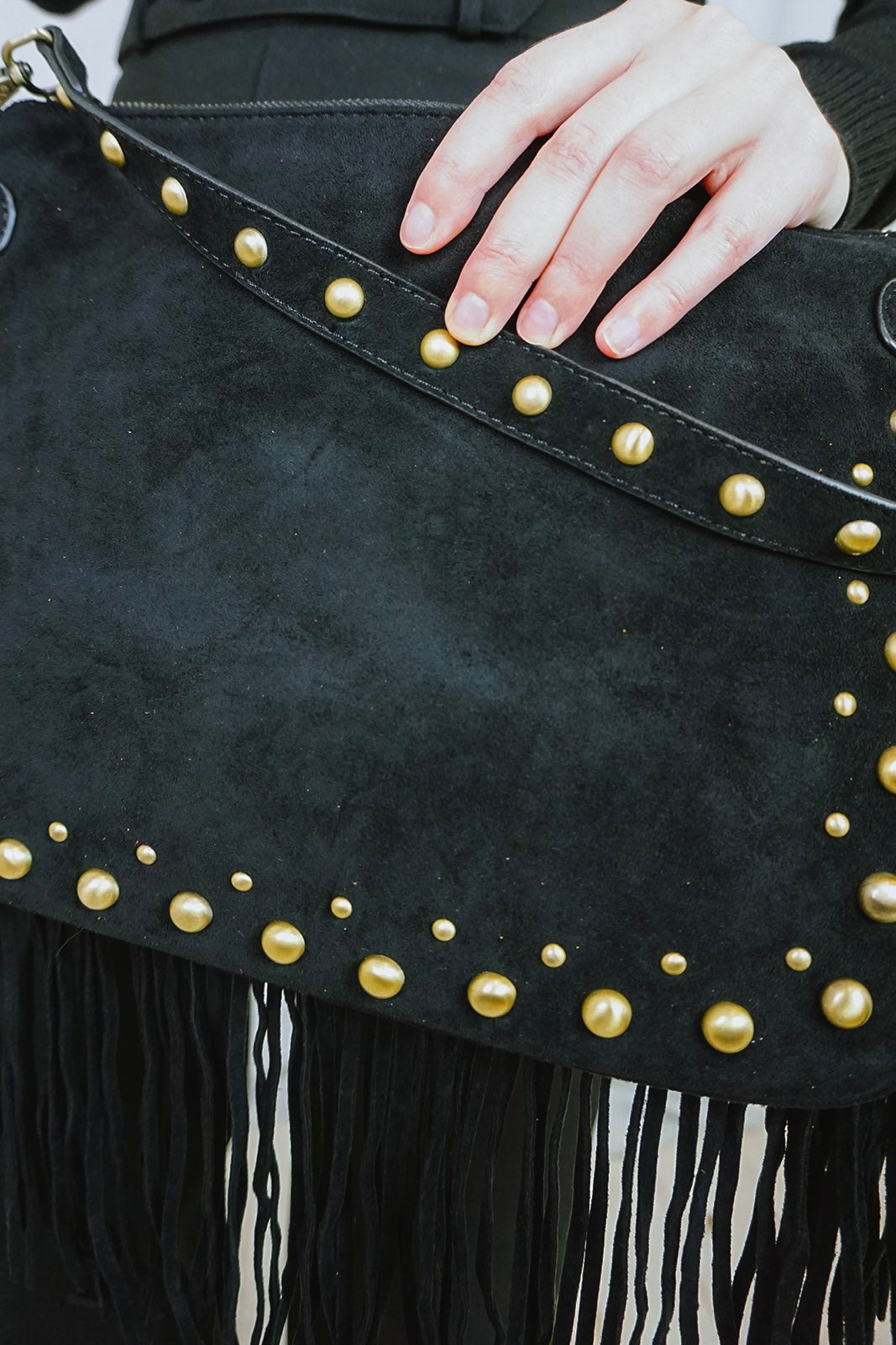 Fringed & Studded Shoulder Bag Black