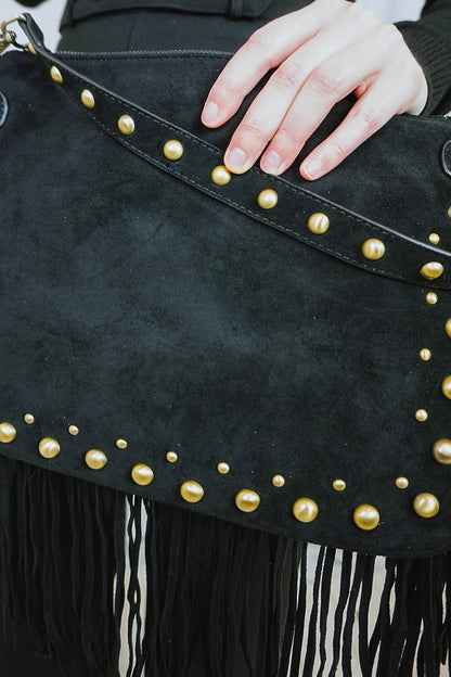 Fringed & Studded Shoulder Bag Black