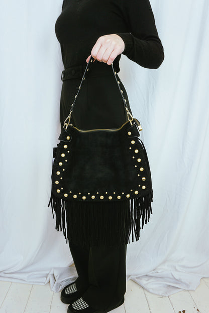 Fringed & Studded Shoulder Bag Black
