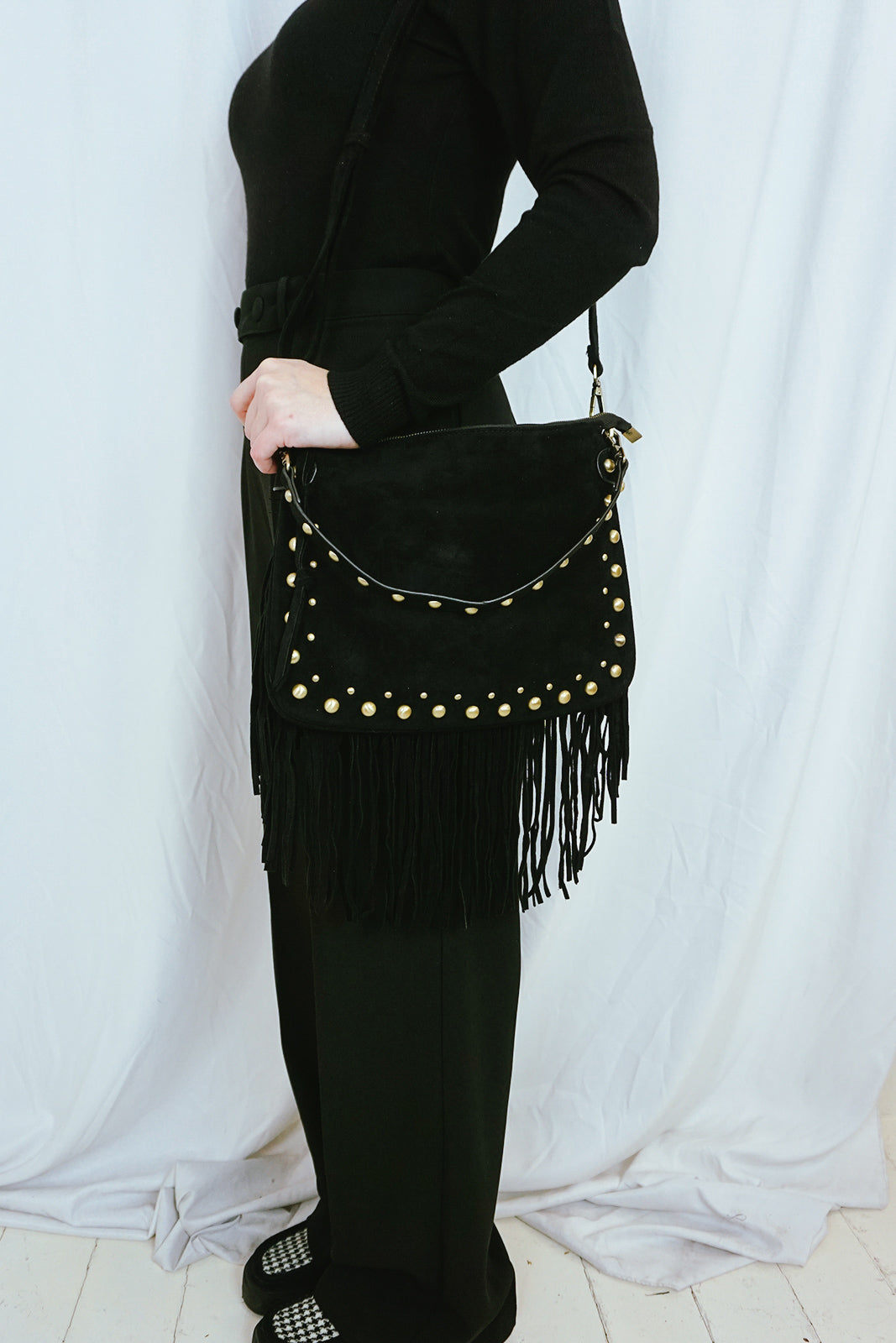 Fringed & Studded Shoulder Bag Black