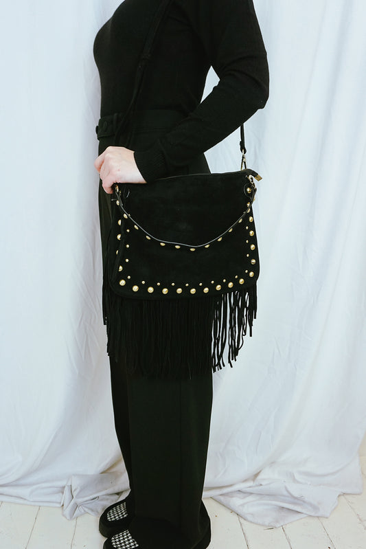 Fringed & Studded Shoulder Bag Black