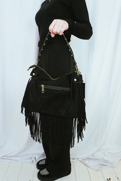 Fringed & Studded Shoulder Bag Black