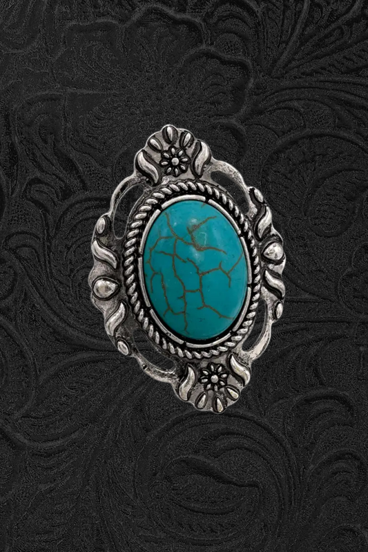 Large Turquoise Oval Stone Leaf Western Stretch Ring
