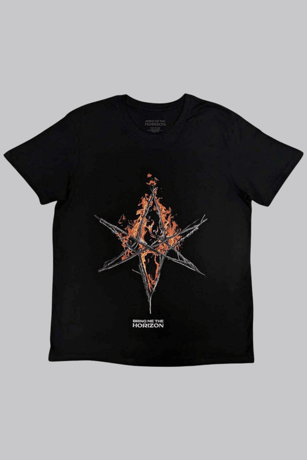 Bring Me The Horizon Unisex T-Shirt: Flame Hex & Text Logo (Black) - House of Bones