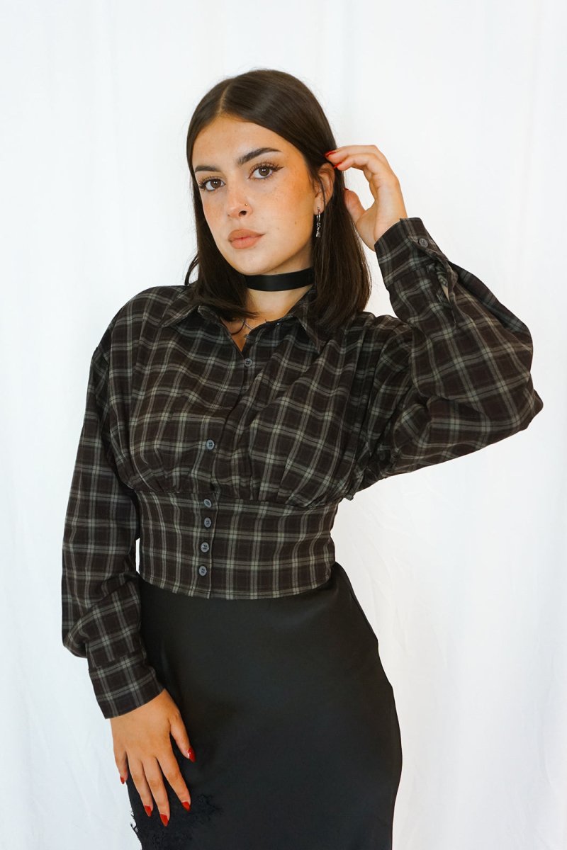 Check Shirt with Open Black Coffee - Tops - HOB