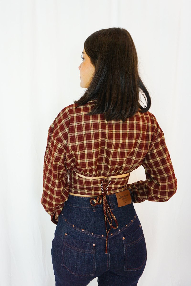 Check Shirt with Open Black Wine - Tops - HOB