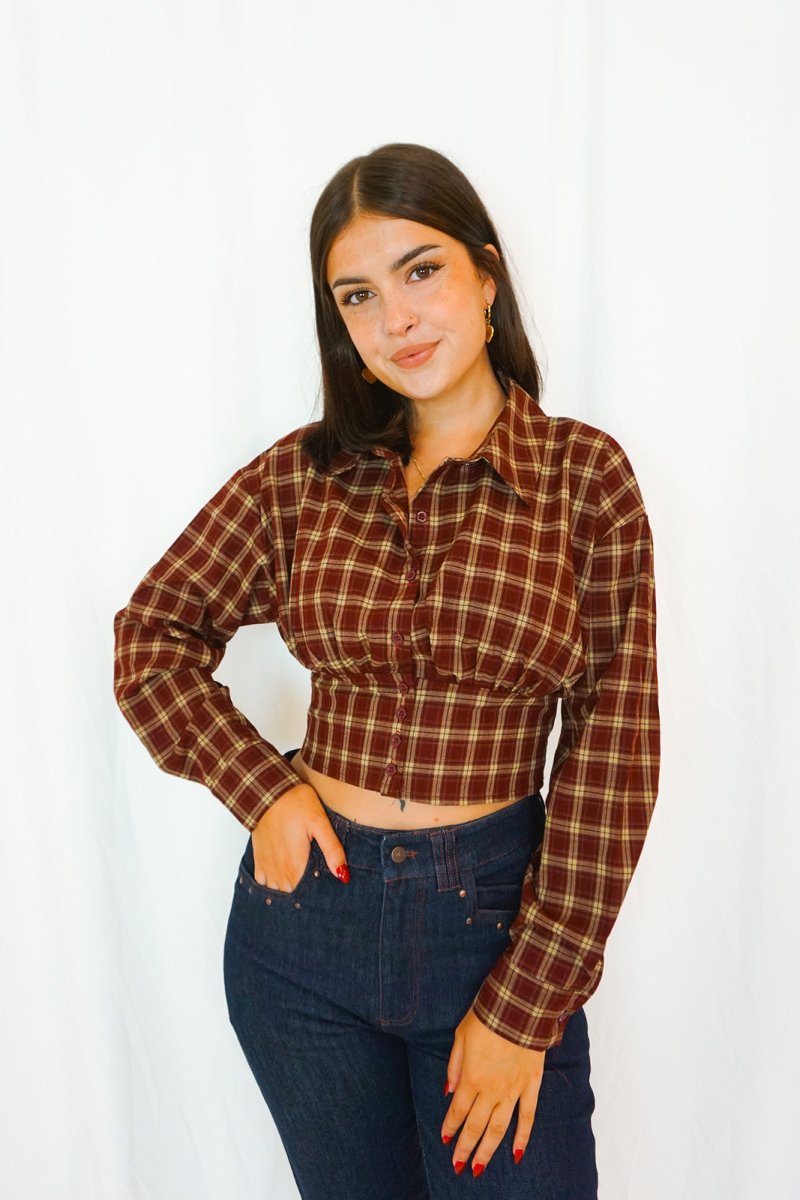 Check Shirt with Open Black Wine - Tops - HOB