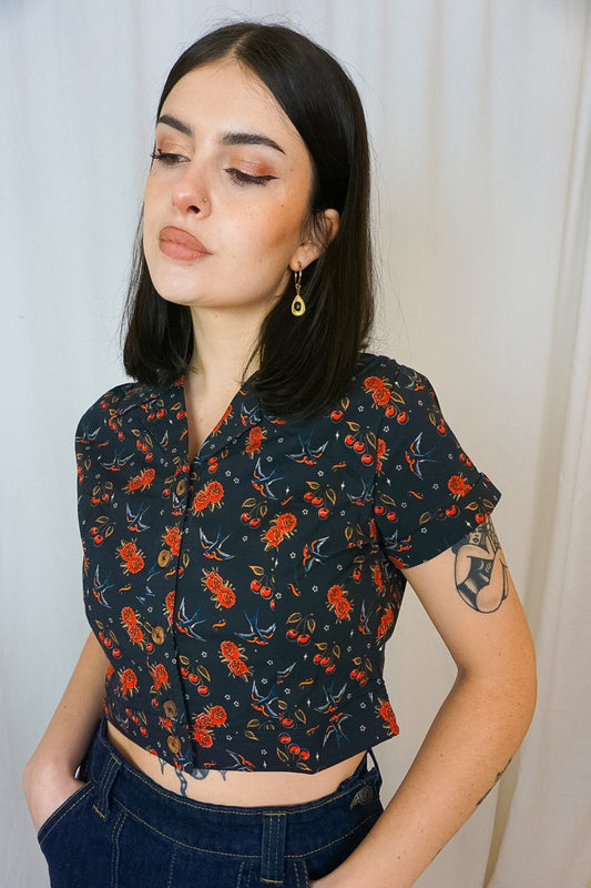 Cherries & Roses Blouse Black - Tops - Queen Kerosin