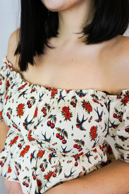 Cherries & Roses Blouse White - Tops - Queen Kerosin