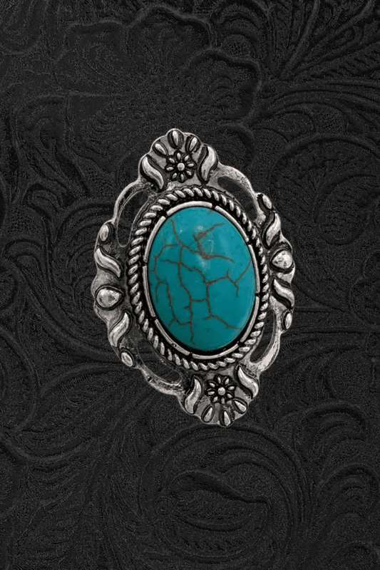 Large Turquoise Oval Stone Leaf Western Stretch Ring - Jewellery - Lunar Deer