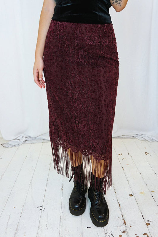 Lemora Fringed Lace Skirt Burgundy - Skirts - HOB
