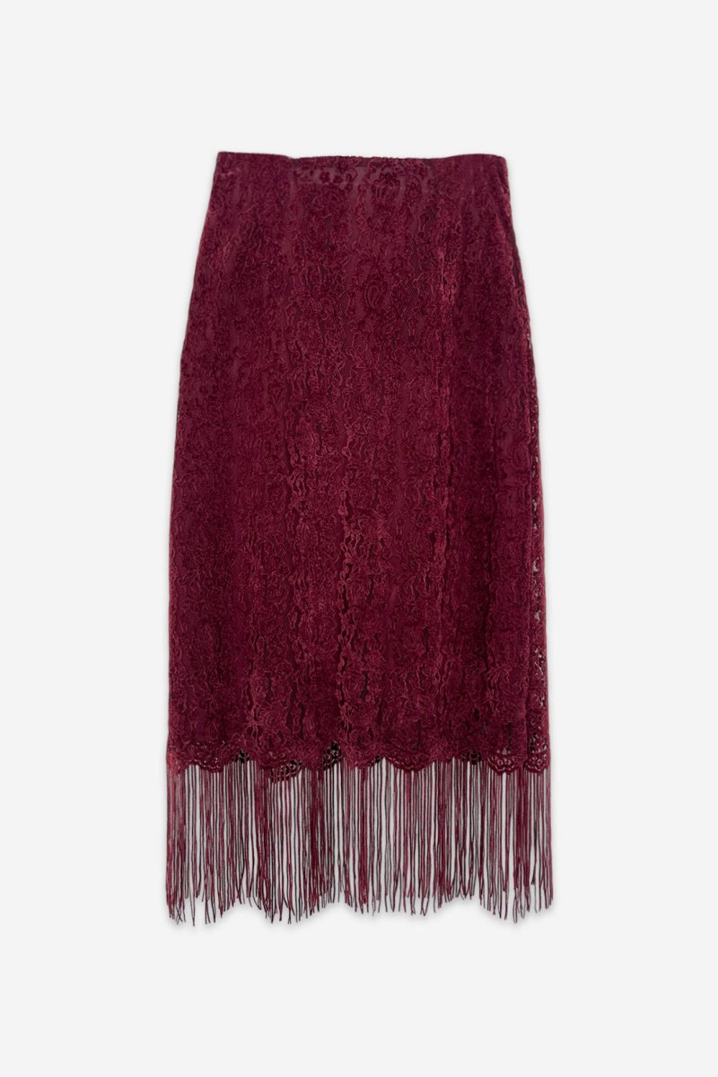Lemora Fringed Lace Skirt Burgundy - Skirts - HOB