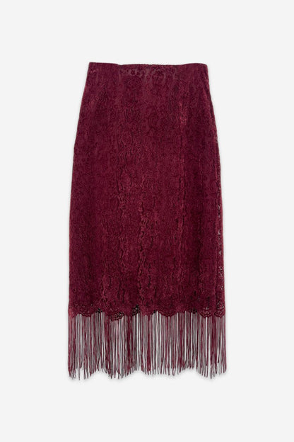 Lemora Fringed Lace Skirt Burgundy - Skirts - HOB