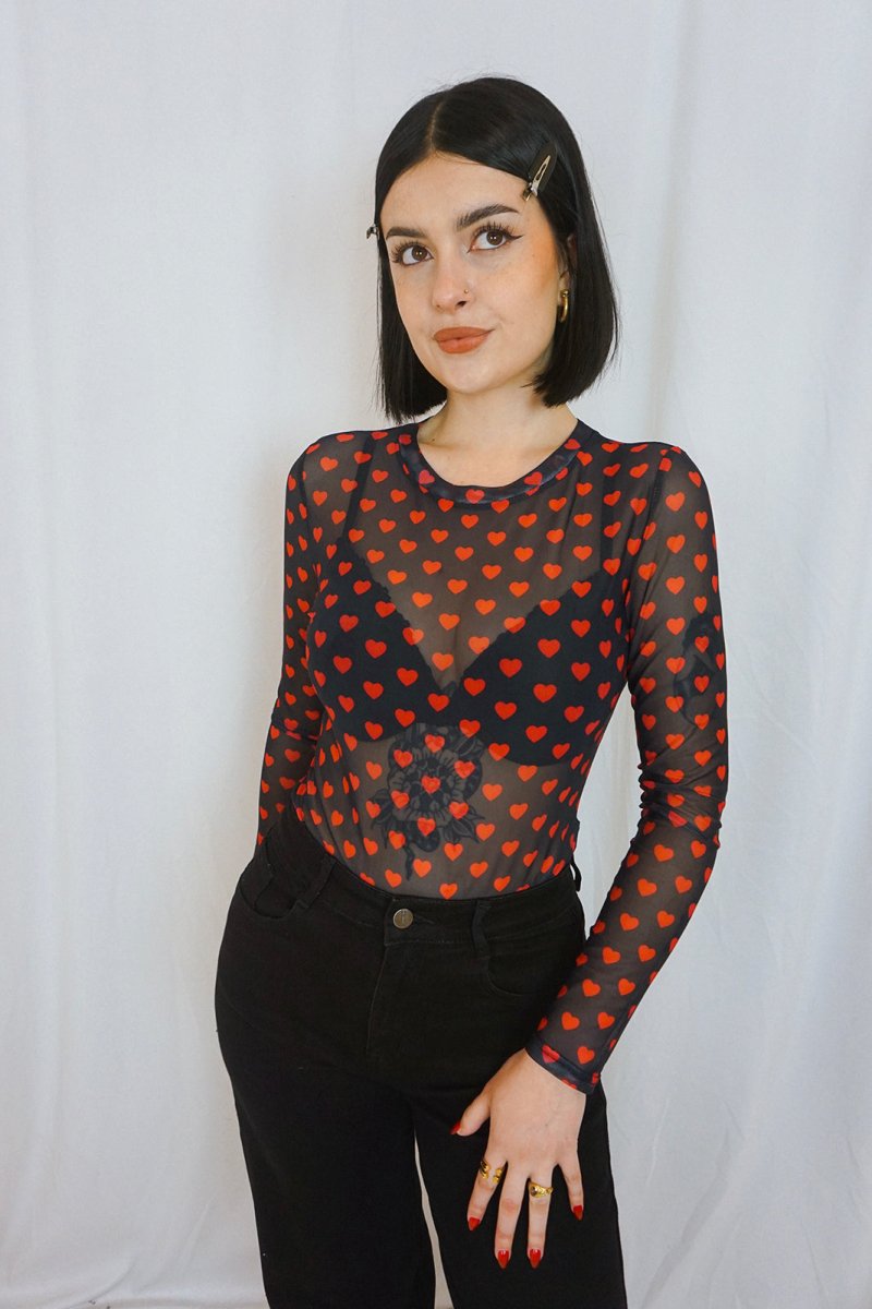 Mesh Hearts Bodysuit - Tops - HOB