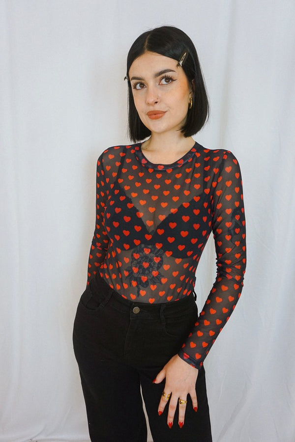 Mesh Hearts Bodysuit - Tops - HOB