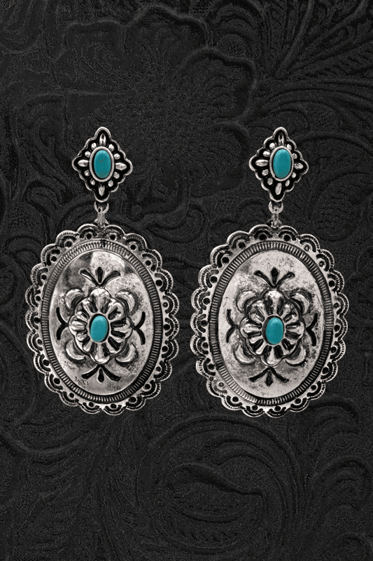 Silver Oval Concho Turquoise Earrings - Jewellery - Lunar Deer