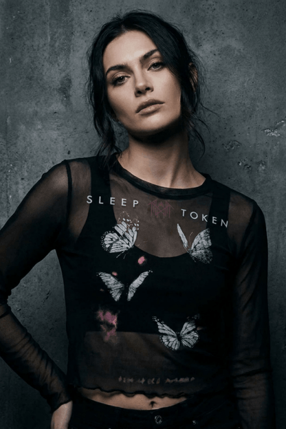 Sleep Token Butterflies Lady Mesh Crop Shirt + Mesh Bustier Top Black